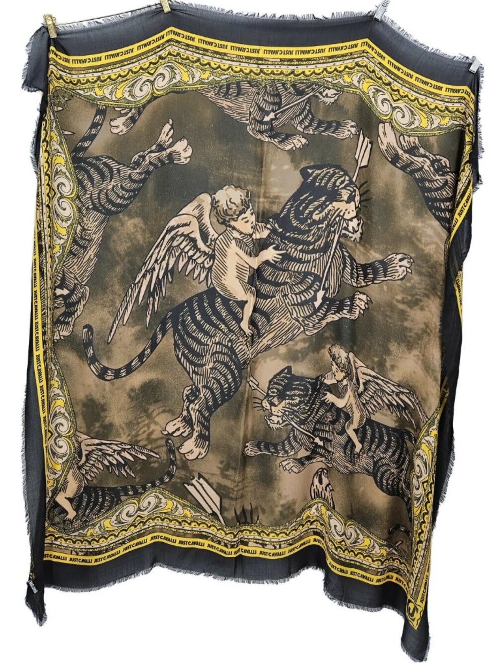 Just Cavalli Scarf Shawl Baroque Tiger Cherub Yellow Black 57x57